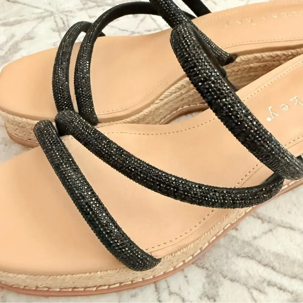 Black Espadrille Platform Wedge Sandals Rhinestone Strappy Slides 8.5 NWOB